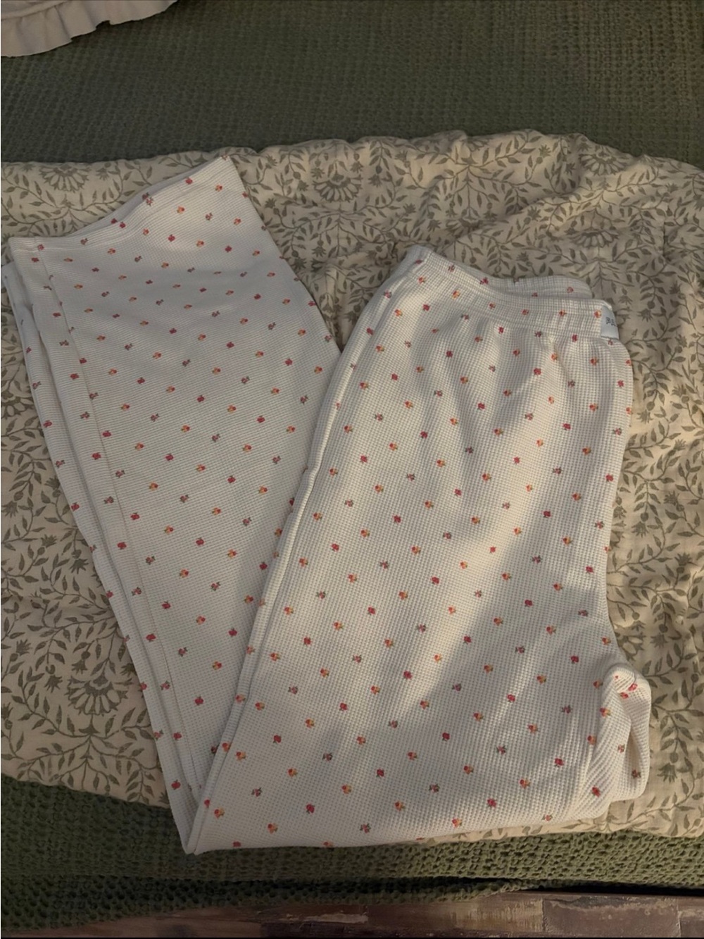 Women’s White Waffle-Knit Track Pants with Pink Dot Print